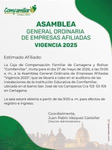 Comfamiliar Cartagena y Bolívar convoca a empresas afiliadas para asamblea en mayo de 2026
