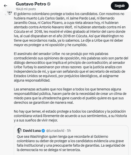 Petro y Luna se cruzan en redes por alerta de EE.UU. sobre seguridad de candidatos