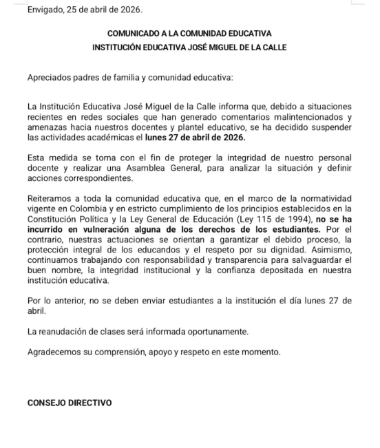 Colegio en Envigado cierra tras amenazas en redes por caso de discriminación a niña con síndrome de Down
