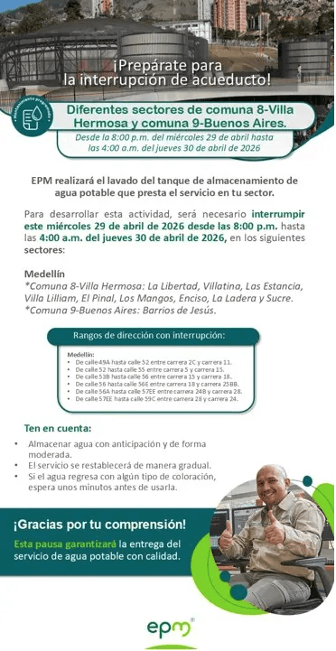 EPM suspende agua en Villa Hermosa y Buenos Aires por mantenimiento: prepárese para ocho horas sin servicio