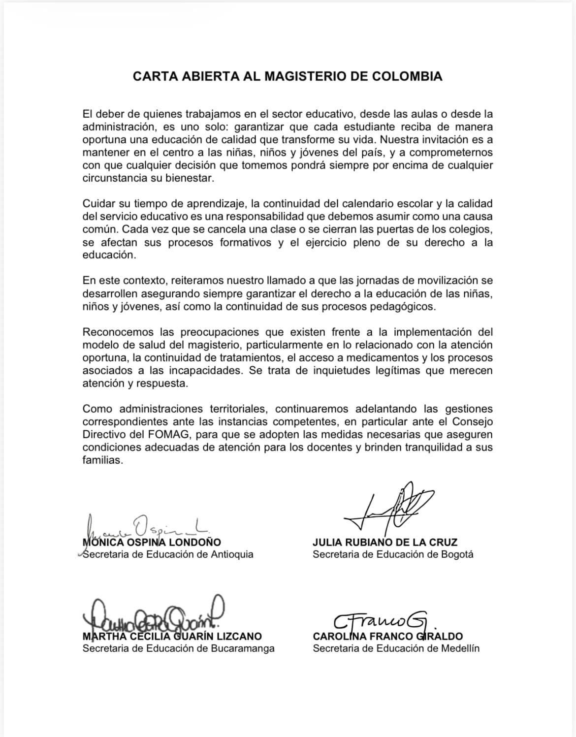 Secretarías de Educación piden al magisterio garantizar clases durante las movilizaciones