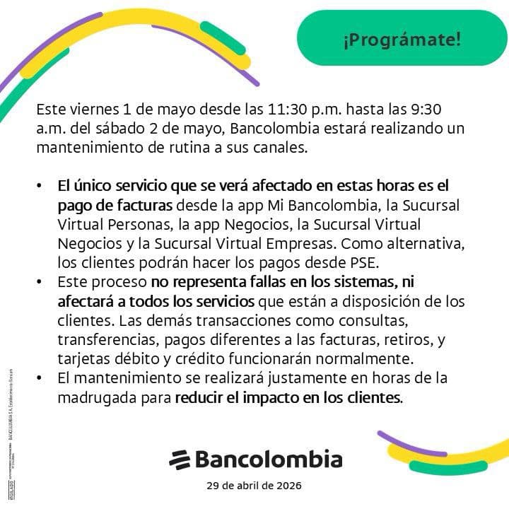 Bancolombia anuncia mantenimiento digital para el puente del Día del Trabajo