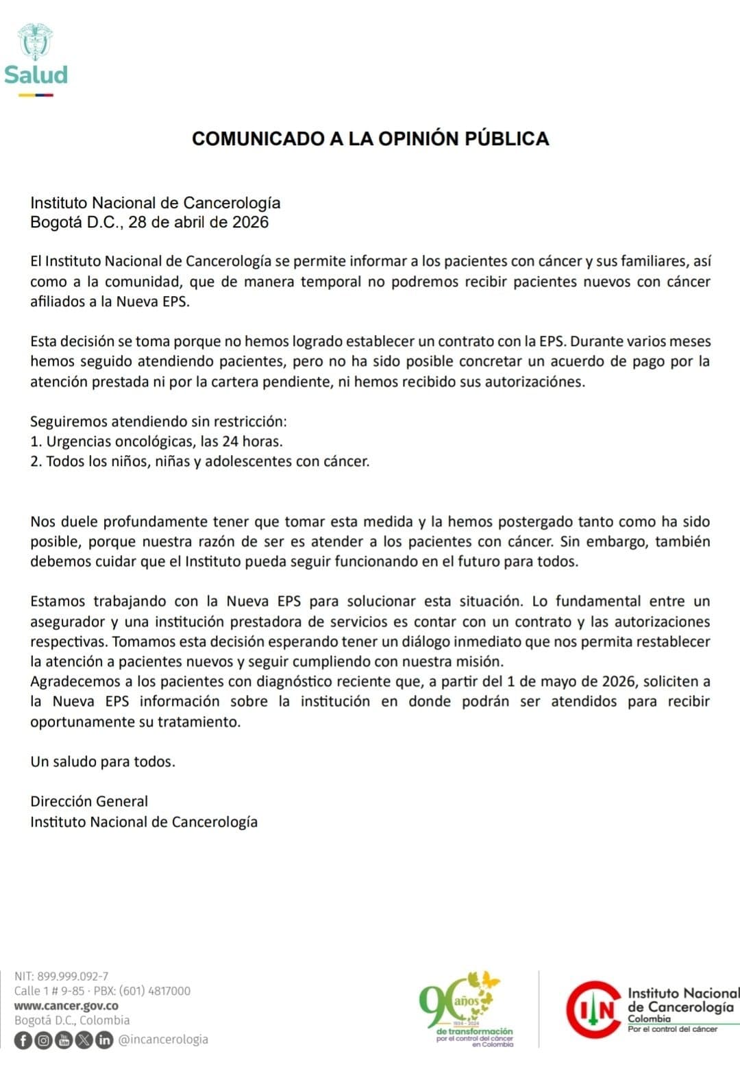 Instituto Nacional de Cancerología suspende atención a nuevos pacientes de Nueva EPS por falta de contrato