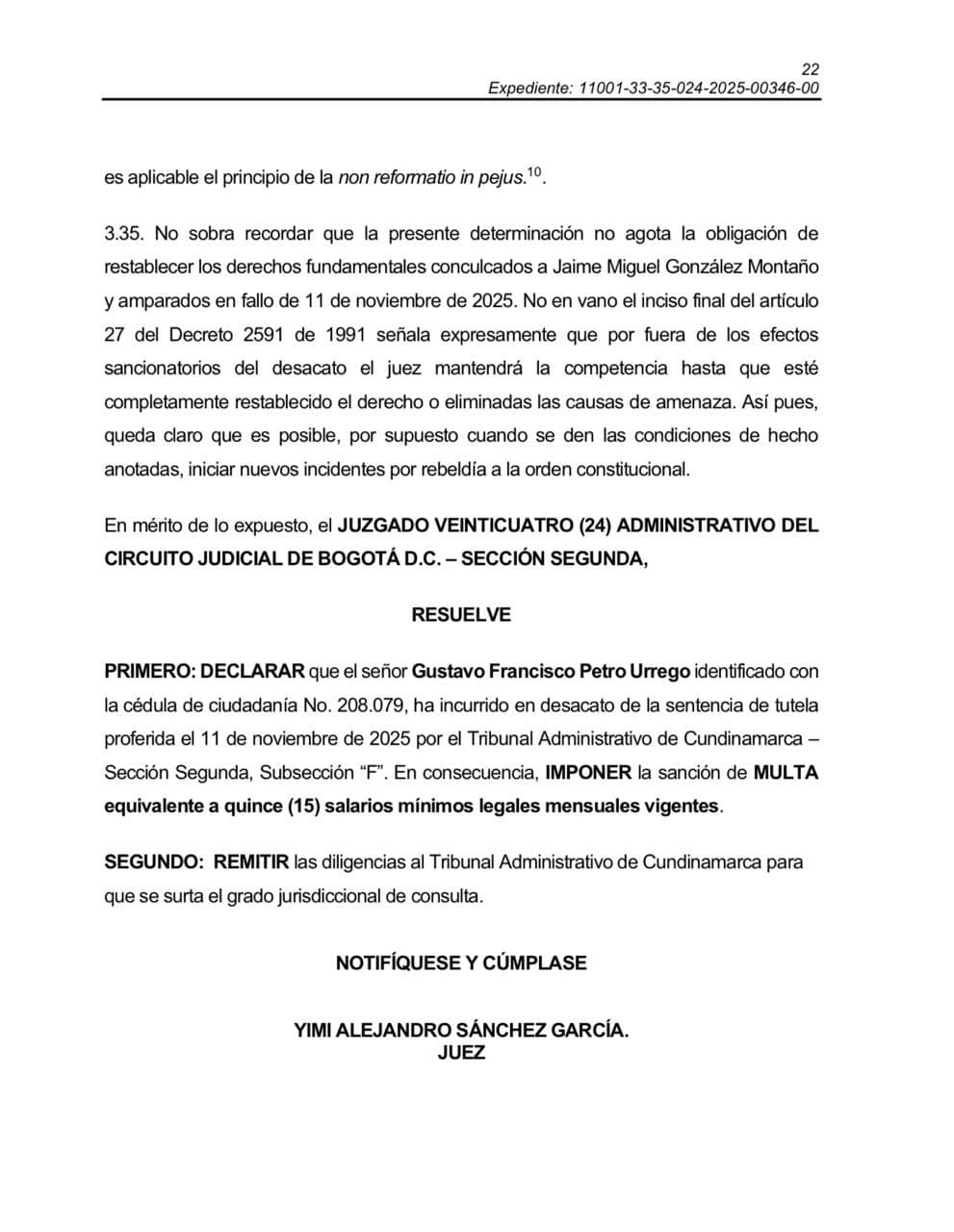 Juez condena a Petro por desacato: deberá pagar 15 salarios mínimos por no disculparse con gerente de Coosalud