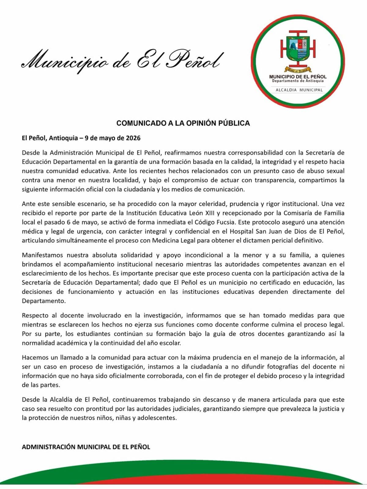 Padres exigen respuestas en El Peñol tras presunto abuso sexual de docente a menor en colegio