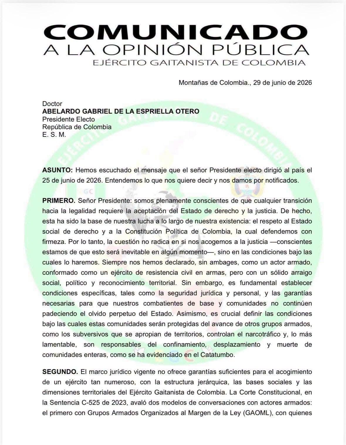 El EGC fija condiciones para entregarse: exige garantías de justicia rápida y presencia internacional