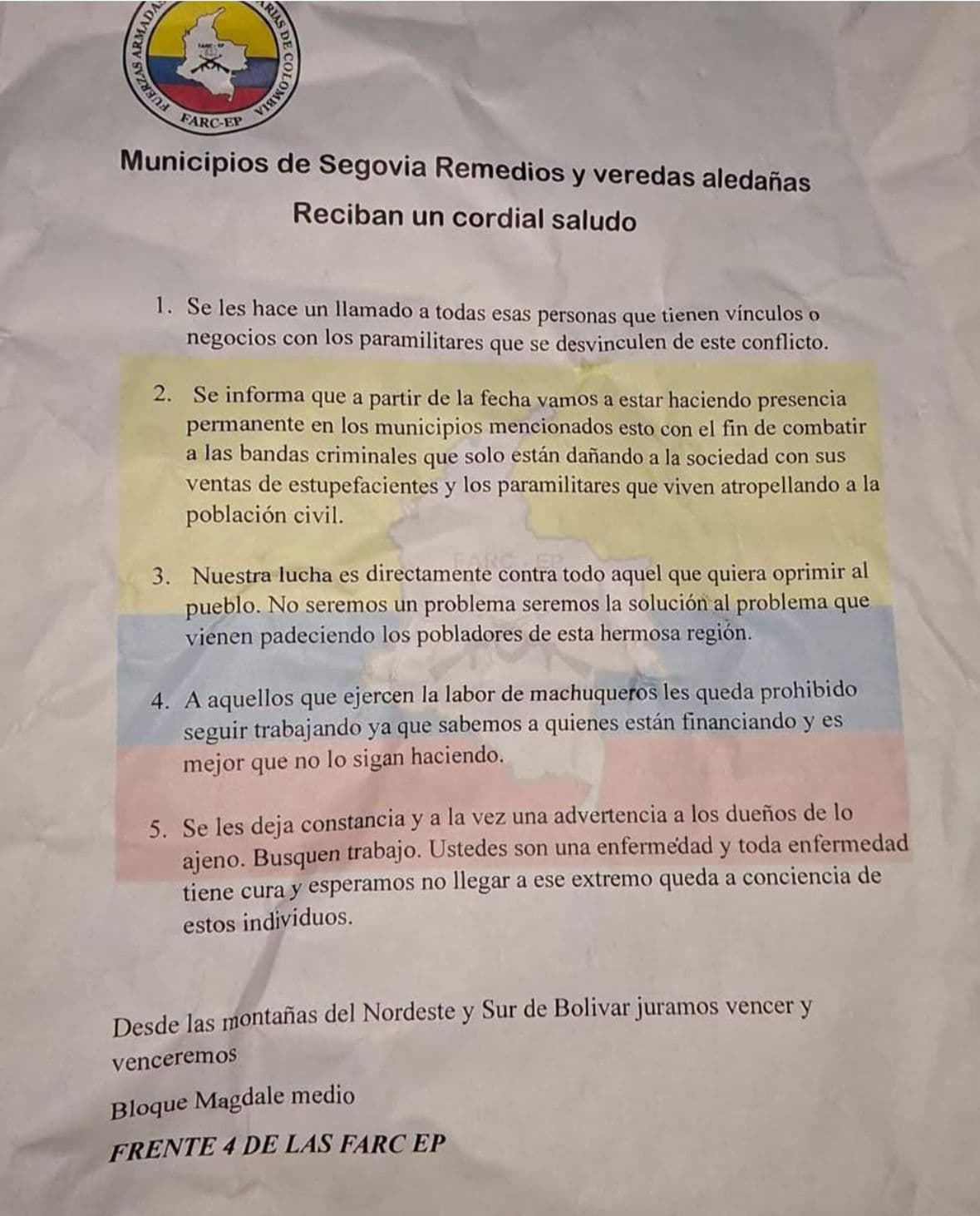 Disidencias de las Farc prohíben minería informal en Segovia y Remedios con comunicado intimidante