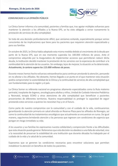 Clínica Somer suspende servicios de alta complejidad para afiliados de Nueva EPS por deuda de 115 mil millones