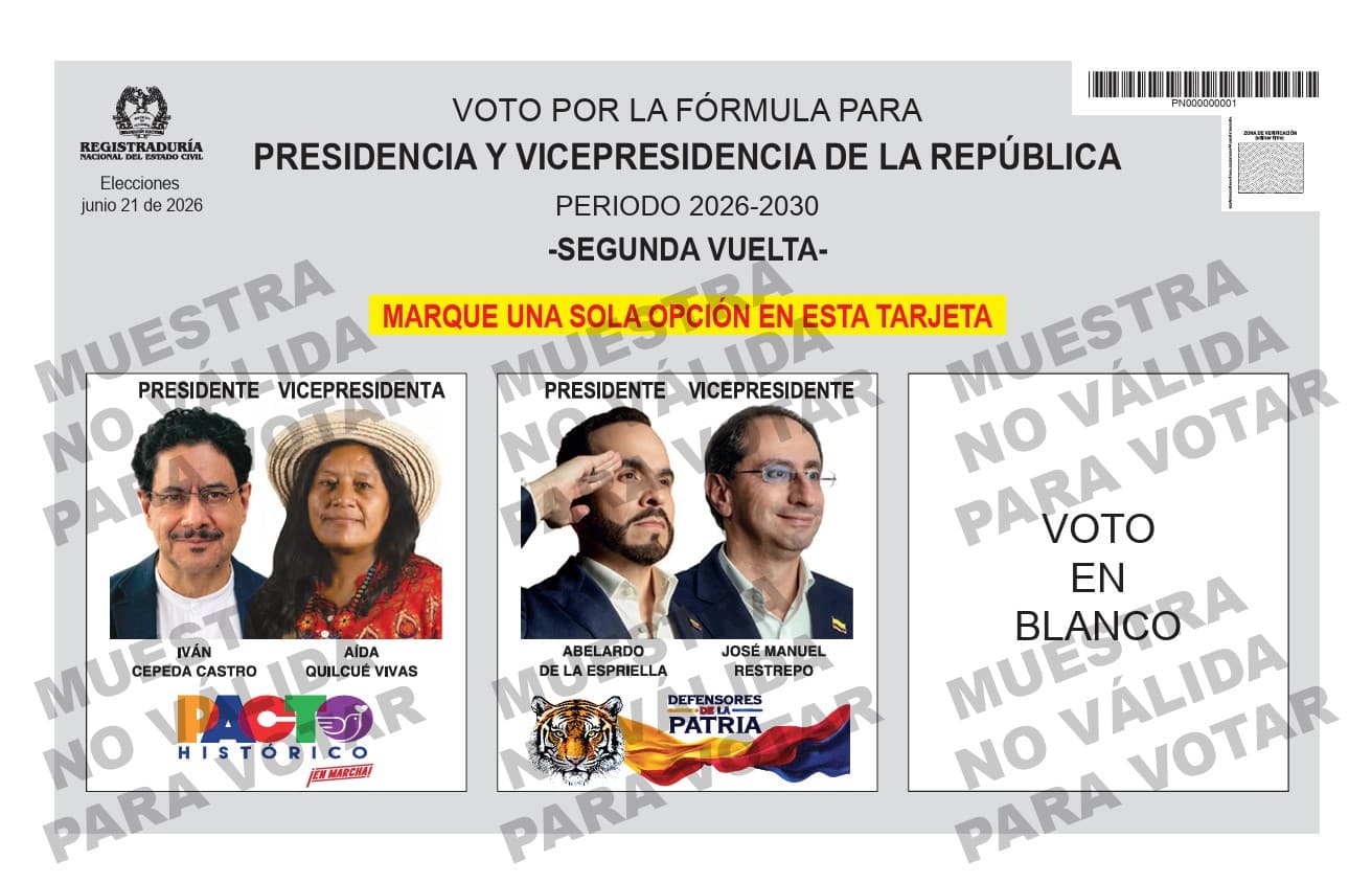 Registraduría presenta el tarjetón para la segunda vuelta presidencial de 2026