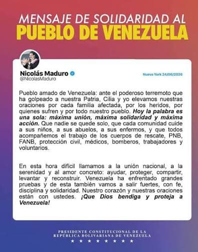 Desde prisión en Nueva York, Maduro llama a la unión de venezolanos tras terremotos