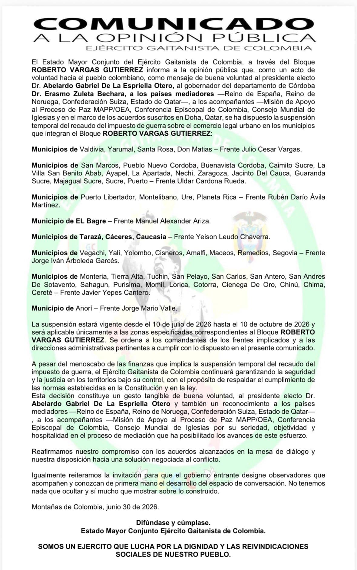 Clan del Golfo anuncia pausa de tres meses en extorsiones a comerciantes en Antioquia, Córdoba y Sucre