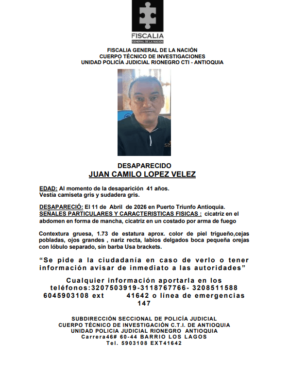 Buscan a Juan Camilo López desaparecido en Puerto Triunfo desde hace una semana