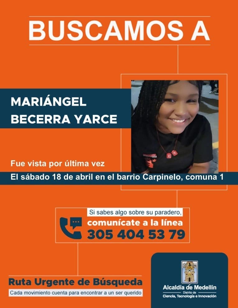 Buscan a Mariángel Becerra, niña de 12 años desaparecida en Medellín