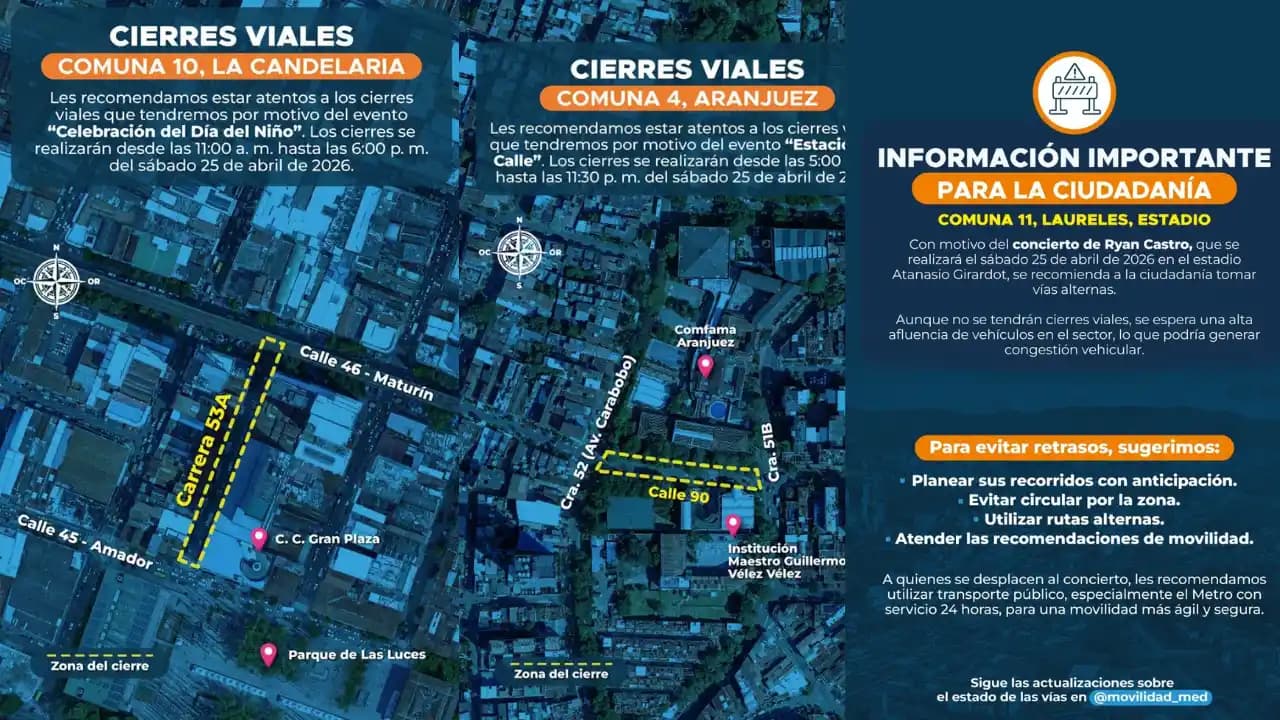 Medellín: cierres viales el sábado por eventos en Aranjuez y el centro