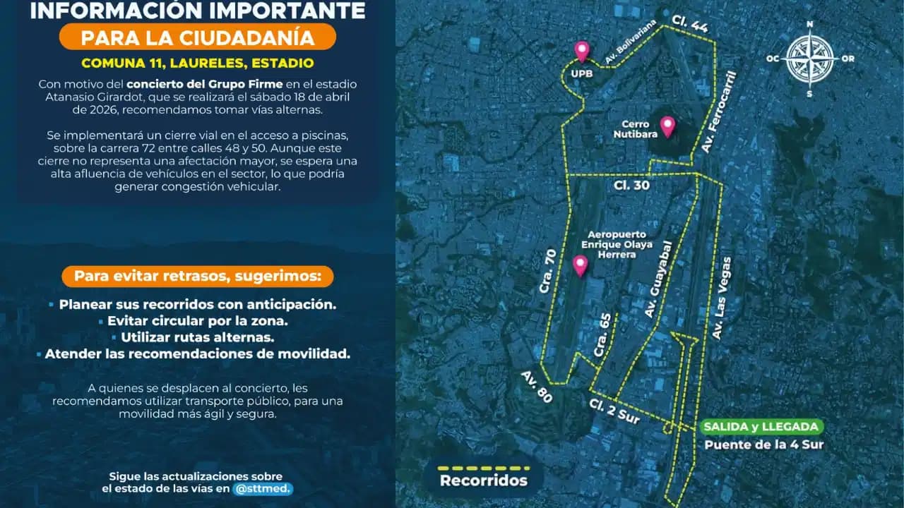 Medellín prepara cierres viales este fin de semana por concierto y carrera atlética