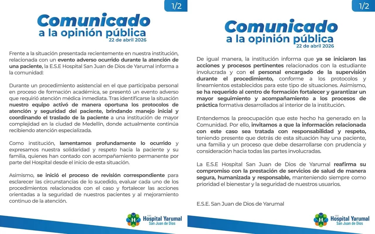 Paciente sufrió grave error médico en hospital de Yarumal y debió ser trasladada a Medellín