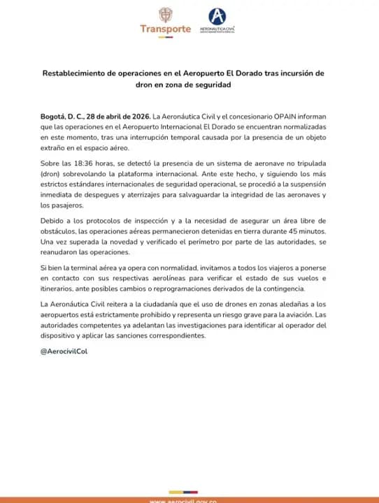 Un dron paralizó El Dorado durante 45 minutos: autoridades buscan al responsable