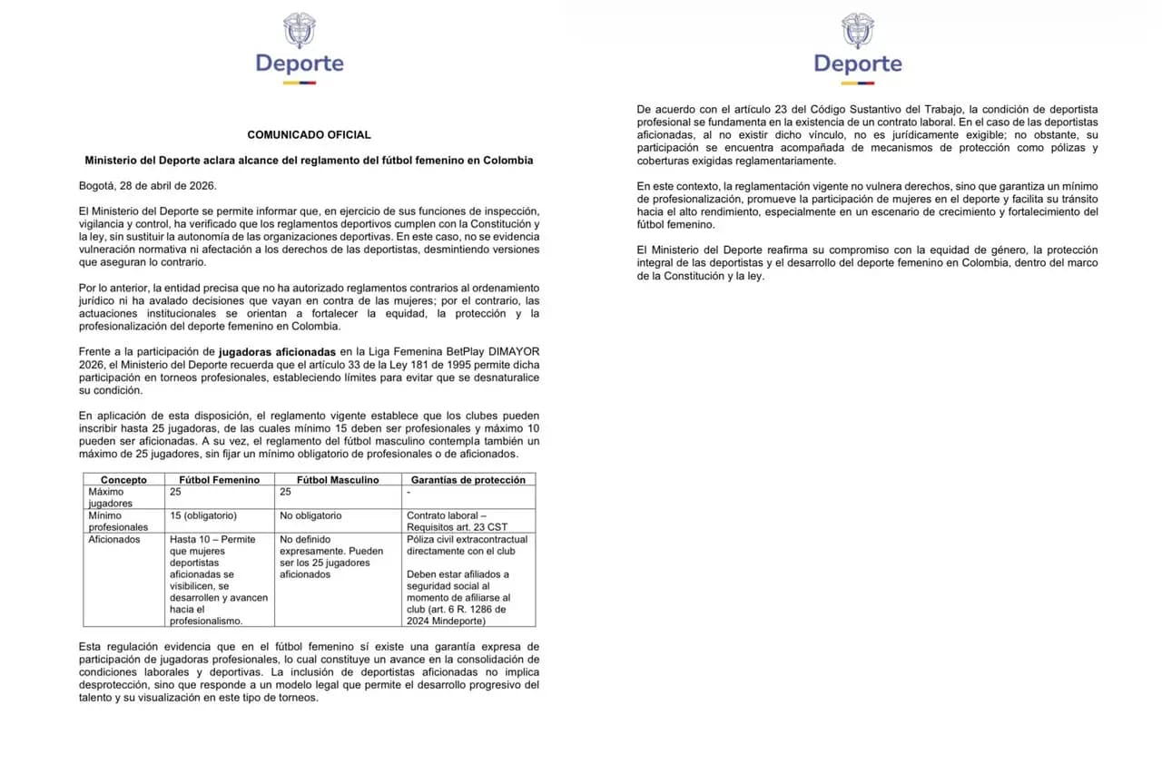 MinDeporte respalda reglamento de la Liga Femenina y asegura que protege derechos de las jugadoras