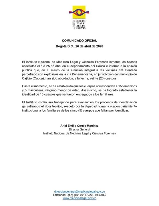 Medicina Legal ha entregado 15 de los 20 cuerpos identificados tras el atentado en Cajibío