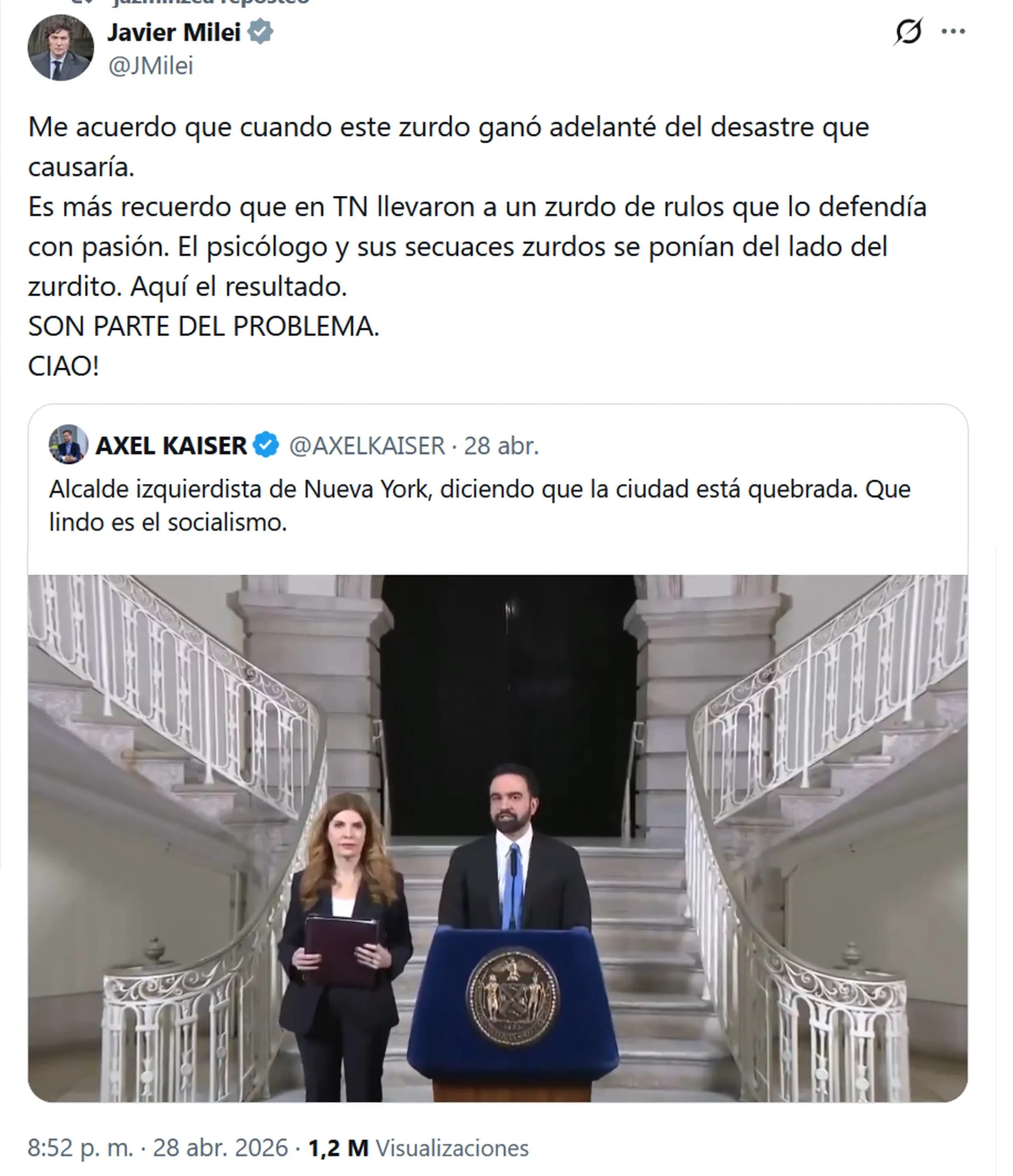 Milei ataca al alcalde de Nueva York por crisis presupuestaria y critica a medios argentinos