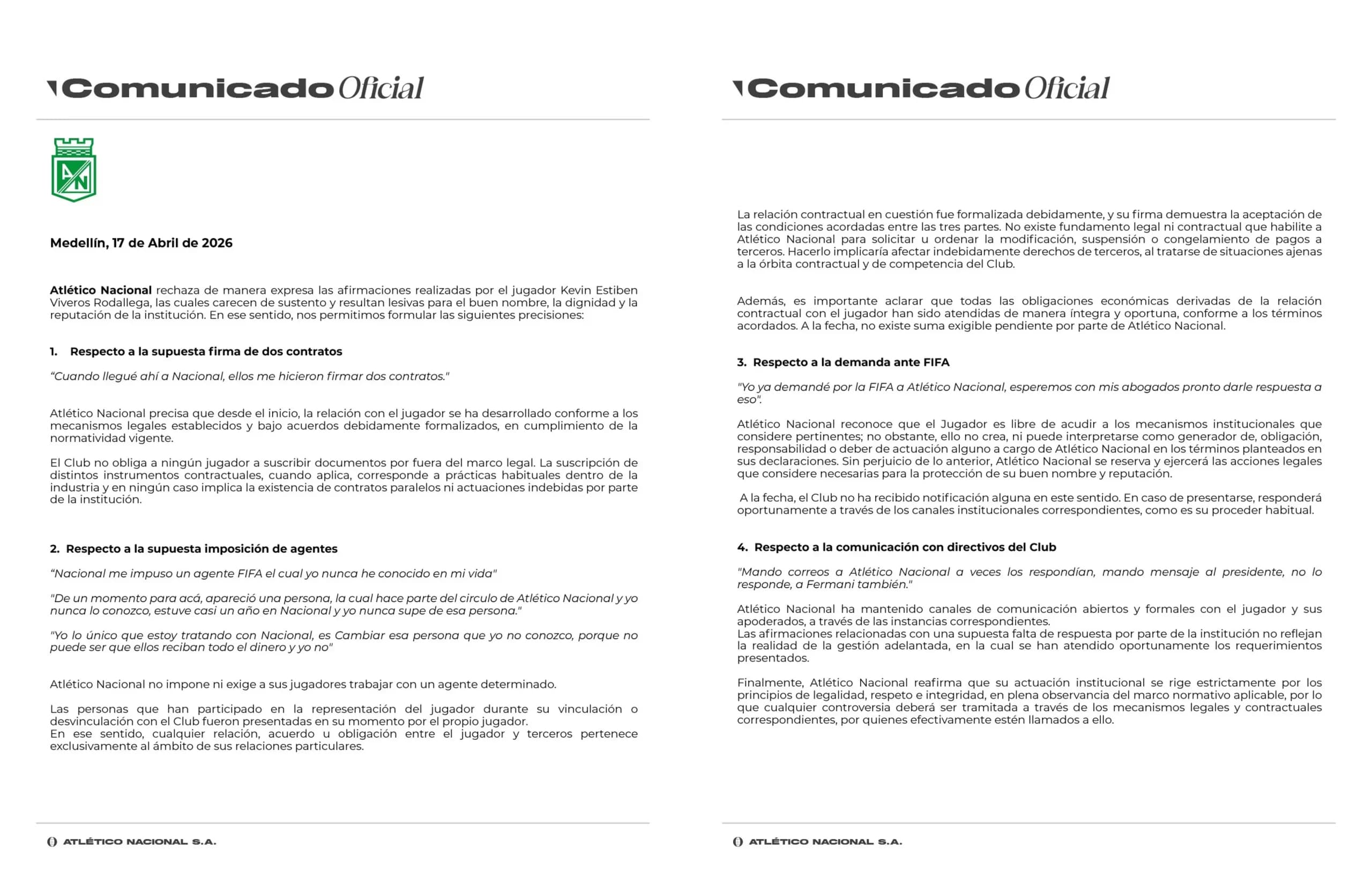 Atlético Nacional responde punto por punto a las acusaciones de Kevin Viveros