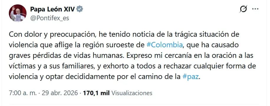 Papa León XIV clama paz para Colombia tras escalada de violencia en Cauca y Valle