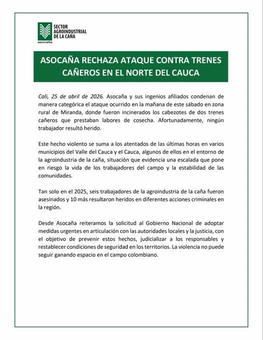 Asocaña alerta por nuevo ataque a trenes cañeros en el Cauca y pide protección estatal