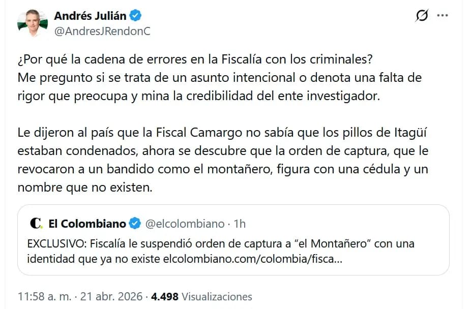 Gobernador de Antioquia cuestiona "cadena de errores" en la Fiscalía por suspensión de captura con cédula fantasma