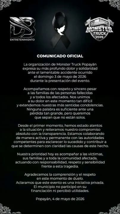 Organizadores del Monster Truck Popayán rompen silencio tras tragedia; crece incertidumbre por desaparición de conductora