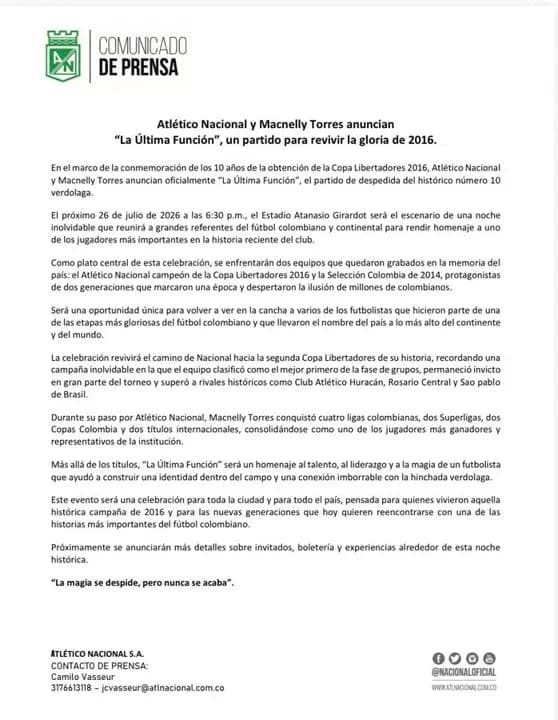 Nacional 2016 vs Selección 2014: el partido para despedir a Macnelly Torres en el Atanasio