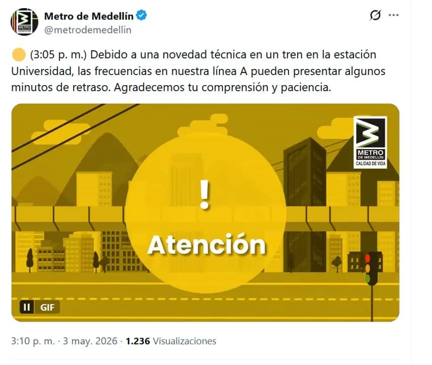 Línea A del Metro de Medellín con retrasos de hasta dos horas: así planificar tu viaje