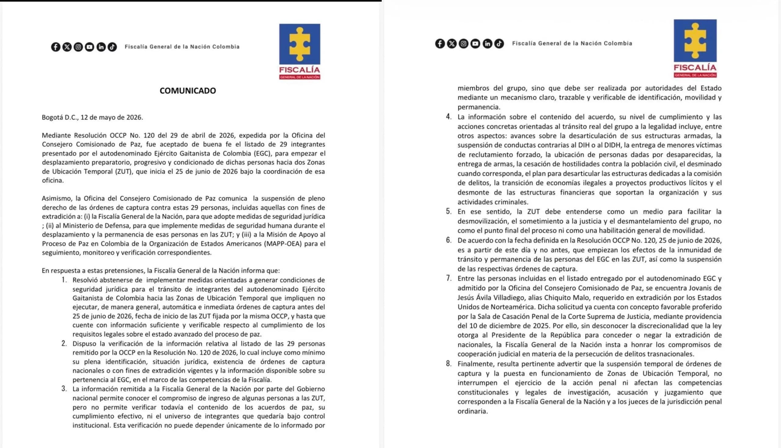 Fiscalía mantiene órdenes de captura contra "Chiquito Malo" y 28 del Clan del Golfo