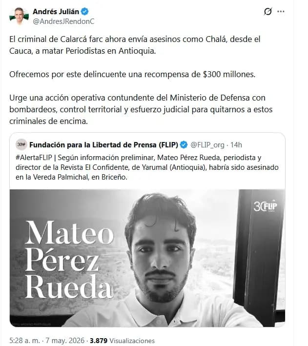 Gobernación de Antioquia ofrece 300 millones por captura de "Chalá", sicario acusado de matar periodista