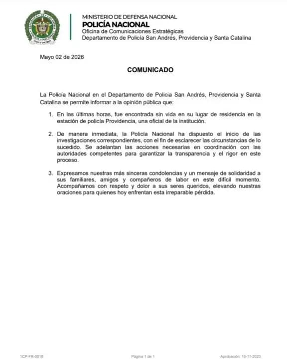 Providencia llora la muerte de su comandante de Policía hallada sin vida en la estación