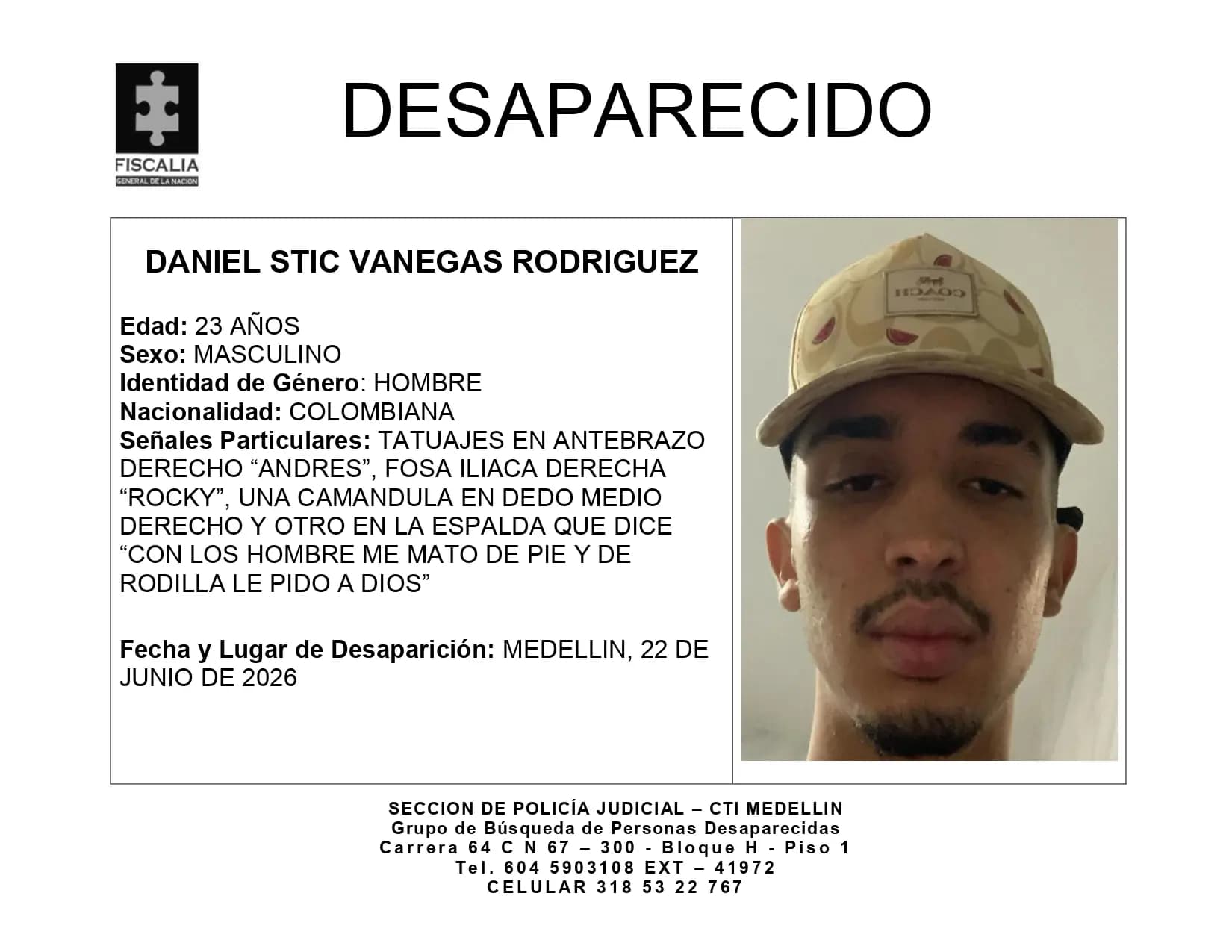 Buscan a Daniel Stic Vanegas: joven desaparecido en Medellín desde hace días