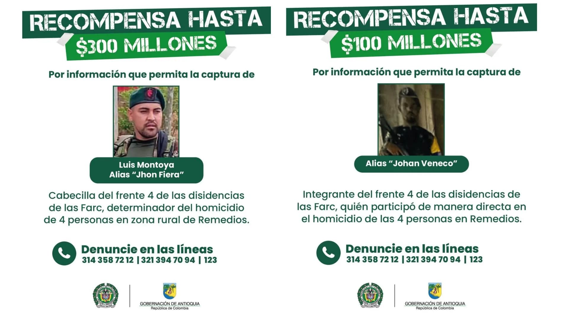 Gobernación ofrece hasta $400 millones de recompensa por masacre de cuatro campesinos en Remedios