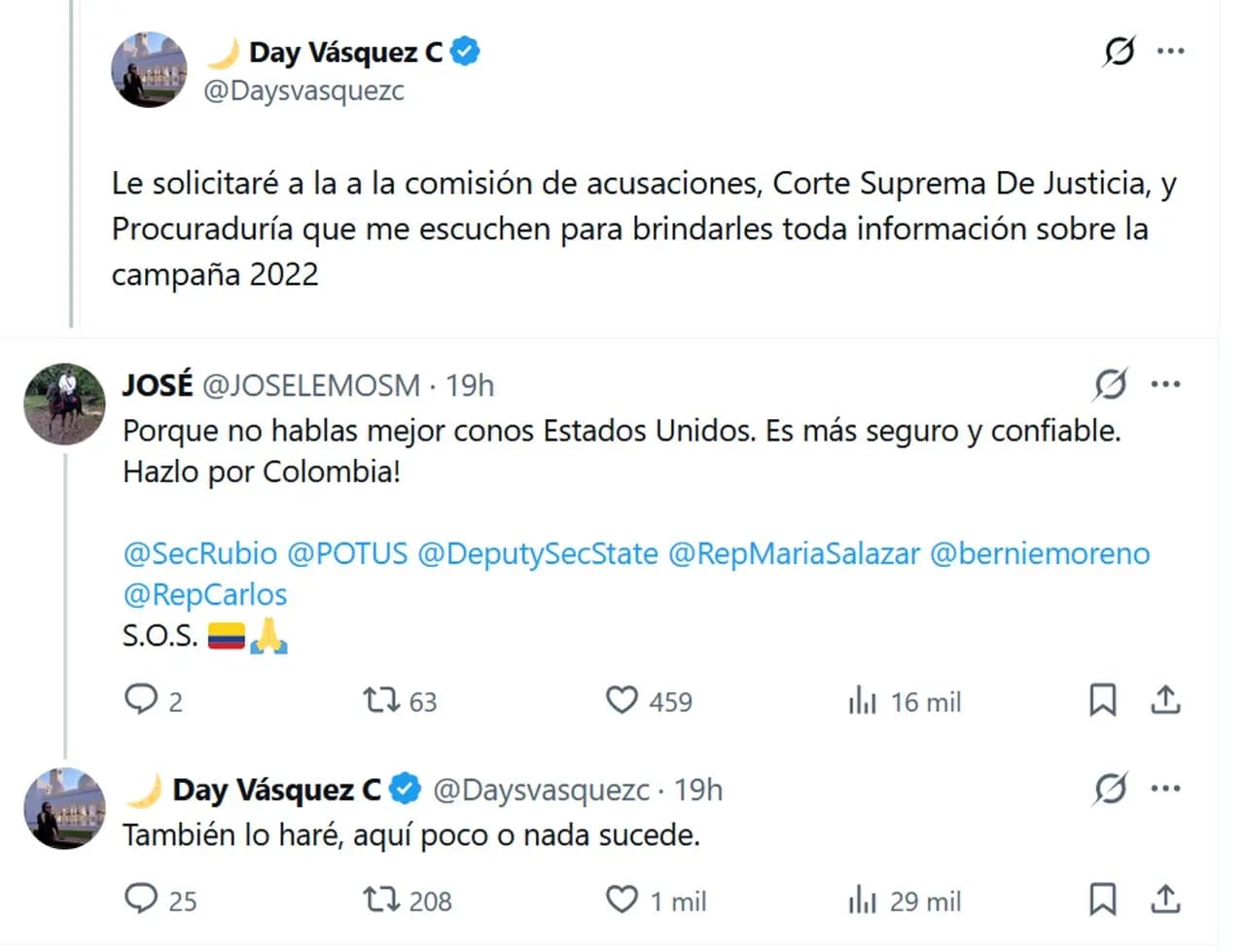 Day Vásquez dice tener pruebas sobre campaña Petro 2022 y amenaza declarar ante Estados Unidos