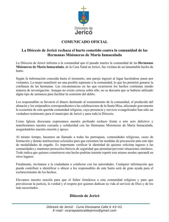 Pareja engañó a monjas fingiendo vocación religiosa para robarles las limosnas en Jericó
