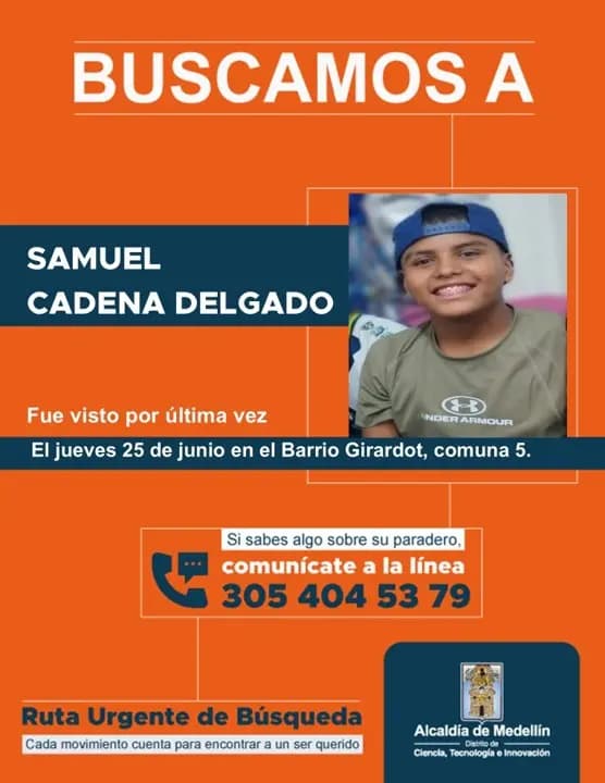 Se busca a Samuel Cadena, adolescente de 13 años desaparecido en el noroccidente de Medellín