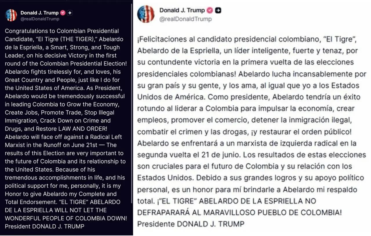 Trump respalda públicamente a De la Espriella para la segunda vuelta presidencial en Colombia