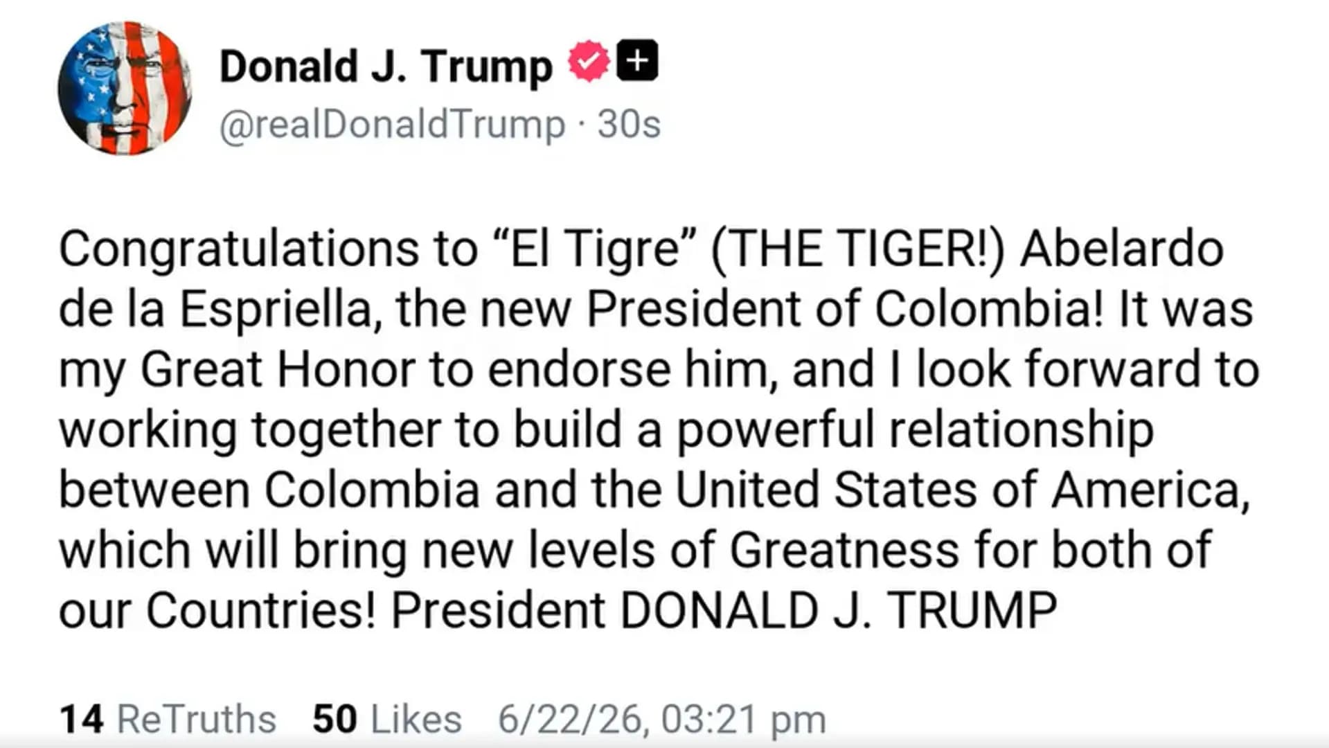Trump felicita oficialmente a De la Espriella y confirma respaldo de Washington al nuevo gobierno colombiano