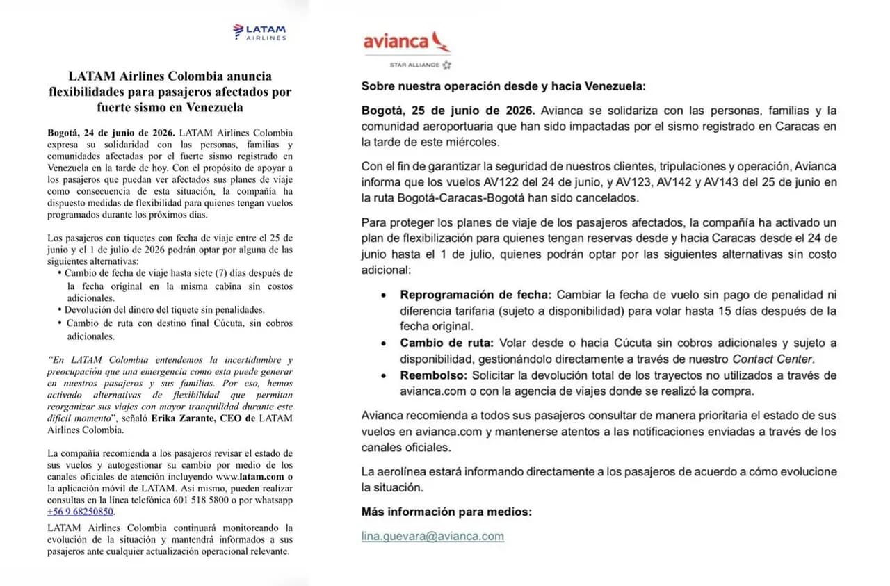 Avianca y Latam flexibilizan cambios y reembolsos por sismos en Caracas