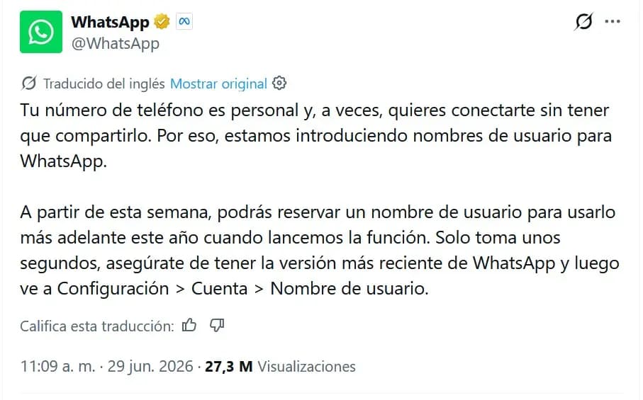 WhatsApp te deja ocultar tu número: ya puedes reservar tu nombre de usuario