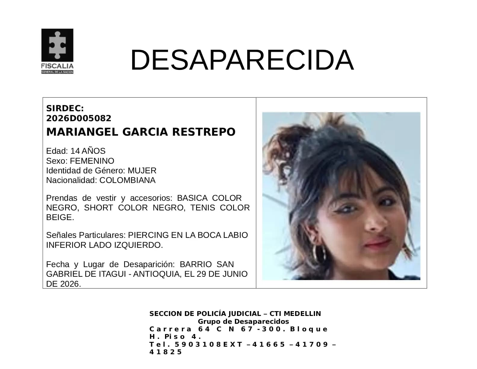 Buscan a Mariangel García, adolescente desaparecida en Itagüí desde junio