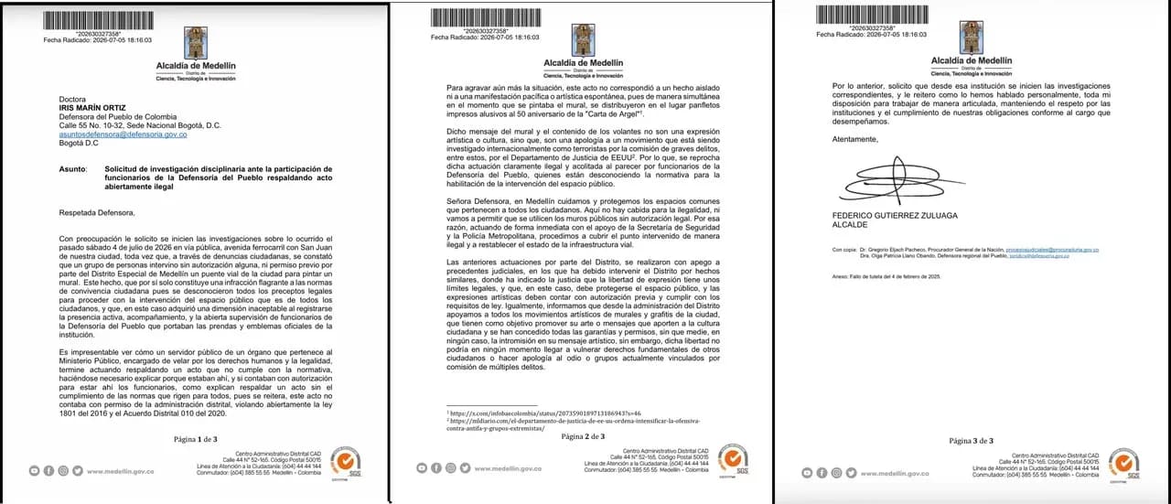 Fico Gutiérrez le exige investigación a la Defensoría por acompañar mural no autorizado en Medellín