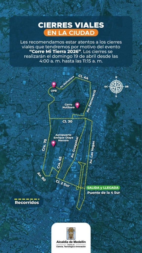 Medellín tendrá cierres viales el domingo por la carrera Corre Mi Tierra 2026