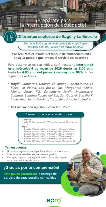 Prepárese: EPM cortará el agua en 20 sectores de Itagüí y La Estrella esta noche