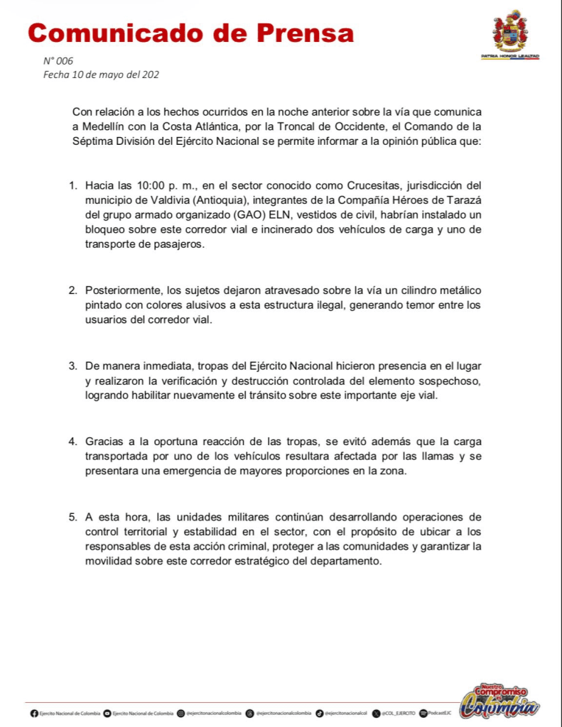 ELN quema vehículos y bloquea la Troncal de Occidente en Valdivia