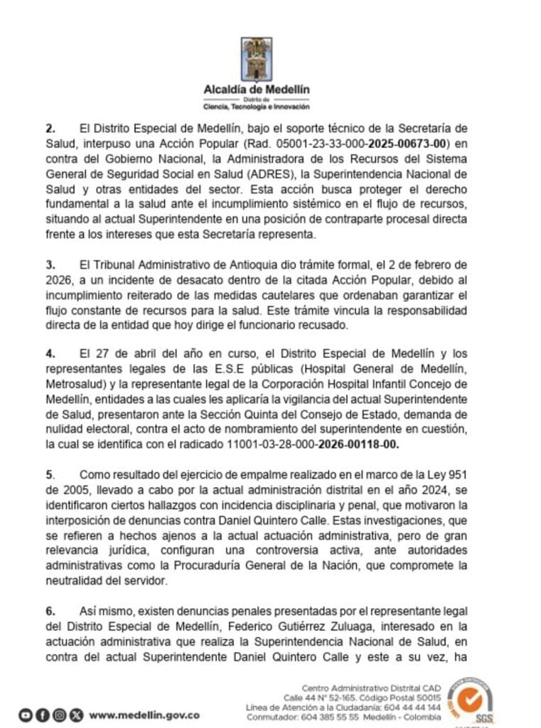 Medellín busca apartar a Daniel Quintero de decisiones sobre salud pública en la ciudad