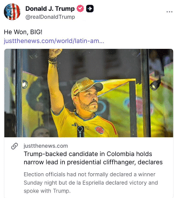 Trump felicita a De la Espriella tras su victoria en la segunda vuelta presidencial